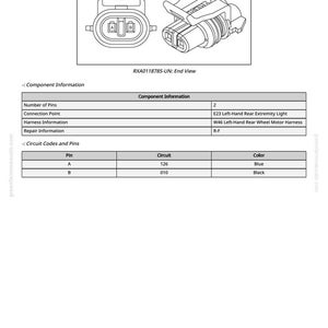 May include: Diagram of an electrical connector, labeled RXA0118785-UN, with end view and component information. Includes pin details, circuit codes, and color specifications. The connector has two pins, with blue and black wiring.