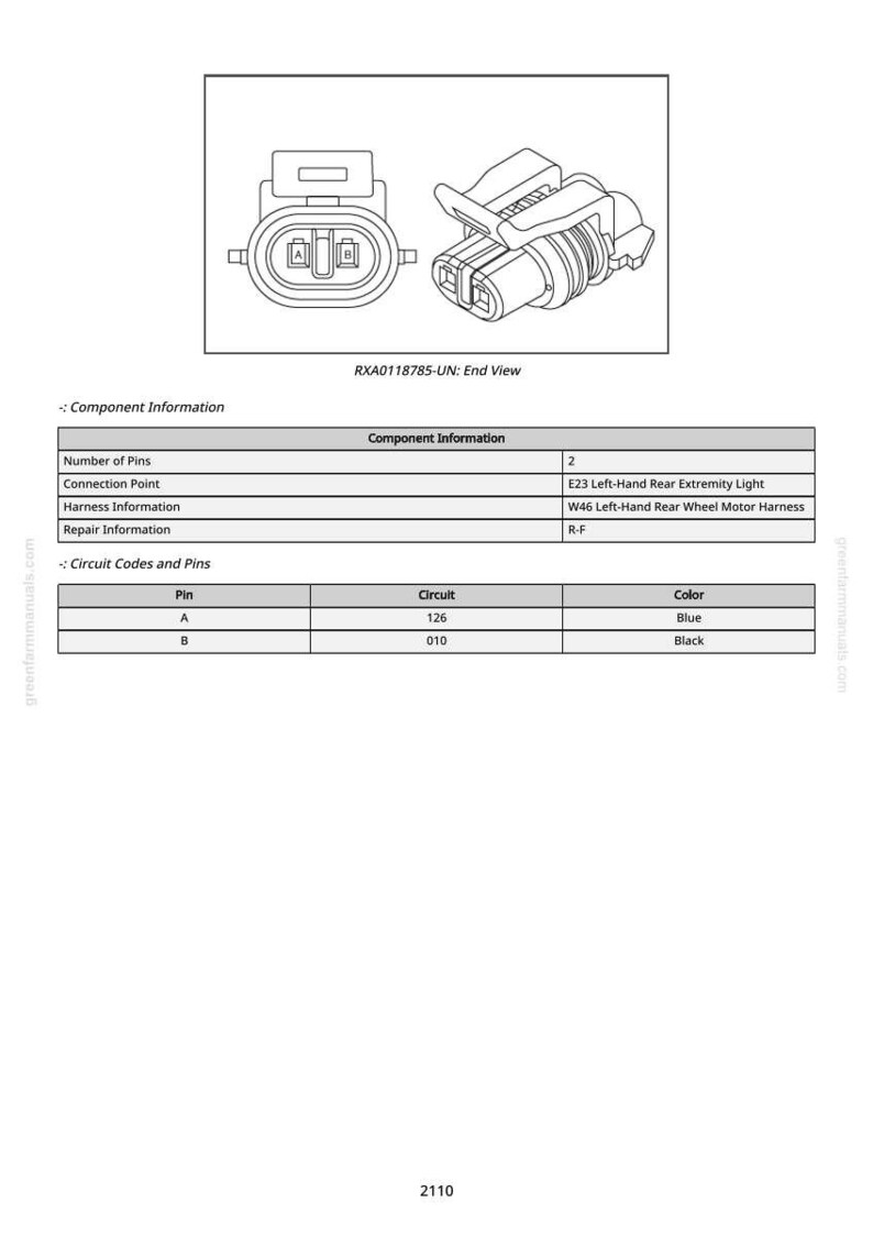May include: Diagram of an electrical connector, labeled RXA0118785-UN, with end view and component information. Includes pin details, circuit codes, and color specifications. The connector has two pins, with blue and black wiring.