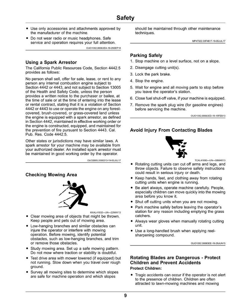 May include: A page from a safety manual with text and diagrams. It details safe mowing procedures, including how to park safely, avoid blade injuries, and protect children. The manual also provides warnings about potential hazards.
