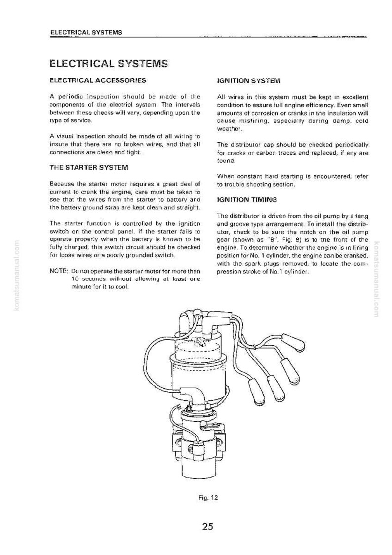 K&ouml;nnte beinhalten: Technische Zeichnung einer Komponente des elektrischen Systems, wahrscheinlich ein Verteiler, mit mehreren Dr&auml;hten und Anschl&uuml;ssen. Das Bild enth&auml;lt den Text "Fig. 12" und die Nummer "25".