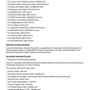 May include: A detailed schematic of a switched power circuit, listing various connectors, relays, and switches with wire color codes. Includes descriptions of circuit operation and secondary circuits, with a page number at the bottom.