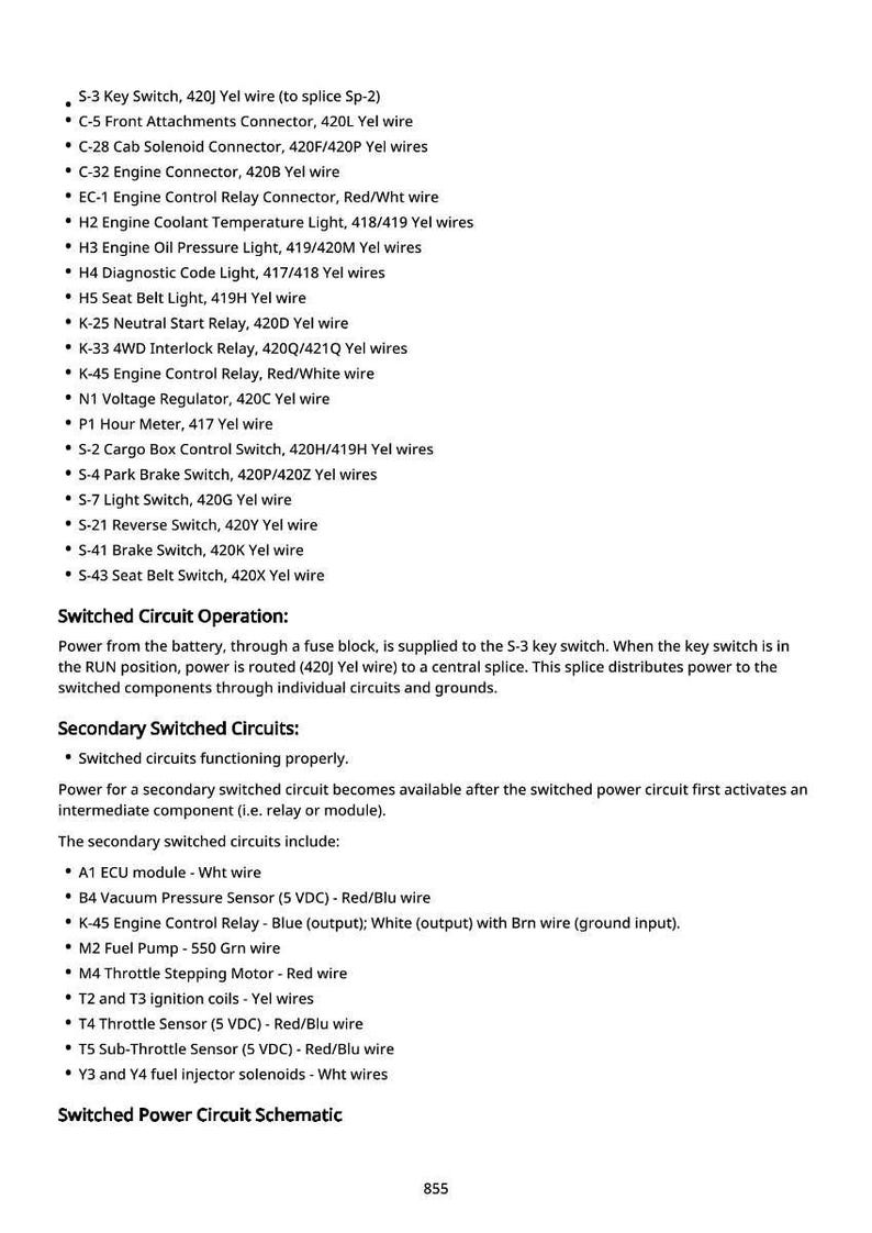 May include: A detailed schematic of a switched power circuit, listing various connectors, relays, and switches with wire color codes. Includes descriptions of circuit operation and secondary circuits, with a page number at the bottom.