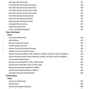 May include: A page from a manual with a table of contents. The text includes "Engine Harness," "Wiring Harnesses," "Power Train Repair," and "Steering Repair." Page numbers are listed on the right side.