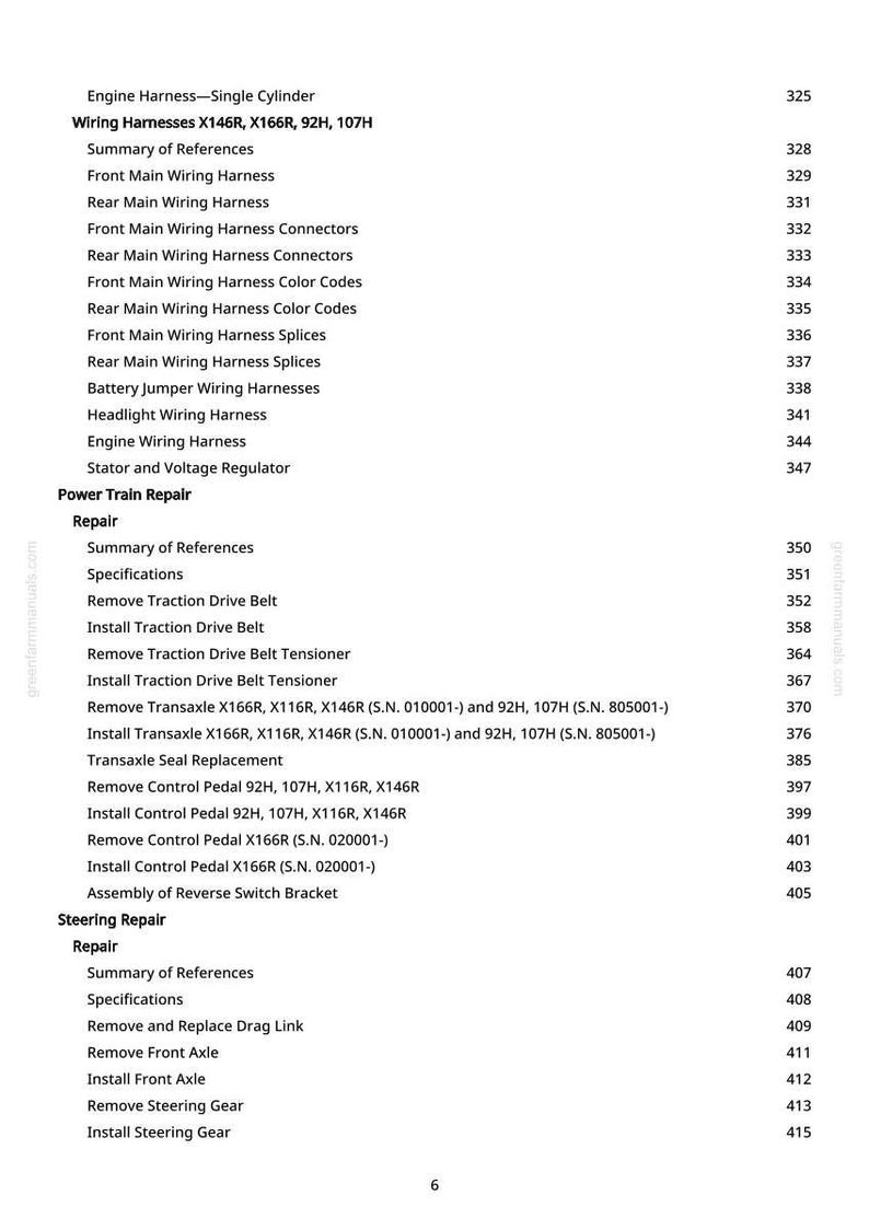 May include: A page from a manual with a table of contents. The text includes "Engine Harness," "Wiring Harnesses," "Power Train Repair," and "Steering Repair." Page numbers are listed on the right side.