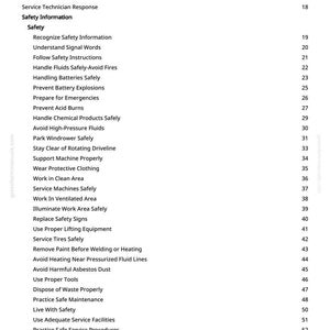 May include: A white page titled "Table of Contents" from a manual. The table lists safety information, including topics like handling fluids, batteries, and chemical products. Page numbers are listed on the right.