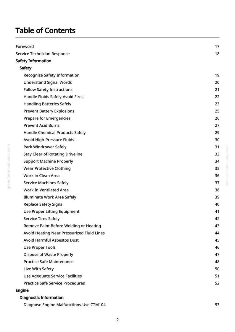 May include: A white page titled "Table of Contents" from a manual. The table lists safety information, including topics like handling fluids, batteries, and chemical products. Page numbers are listed on the right.