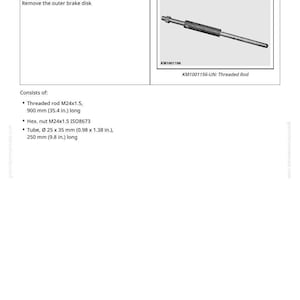 May include: A diagram of a threaded rod, identified as DFKM002, with the text "Remove the outer brake disk." The rod is 900 mm (35.4 in.) long. The image also includes a hex nut and a tube, with measurements in inches and millimeters.