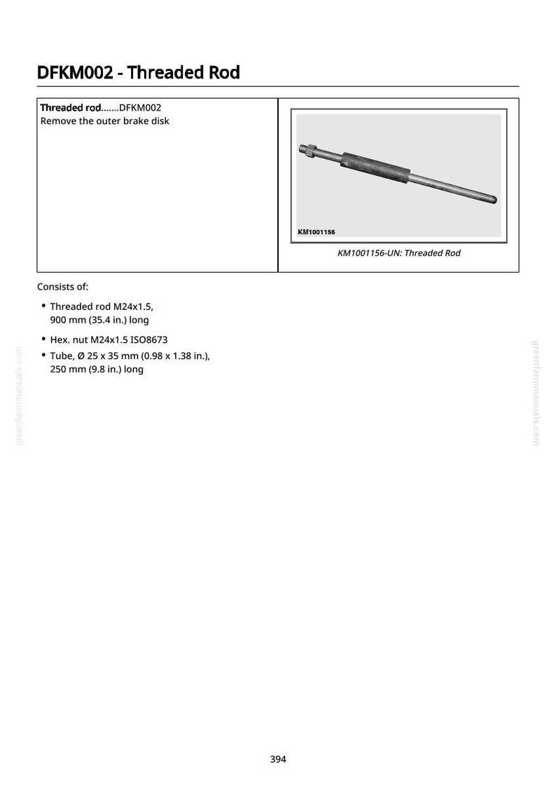 May include: A diagram of a threaded rod, identified as DFKM002, with the text "Remove the outer brake disk." The rod is 900 mm (35.4 in.) long. The image also includes a hex nut and a tube, with measurements in inches and millimeters.