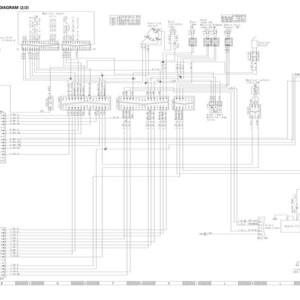 Op de afbeelding: Een gedetailleerd elektrisch schema (2/2) met talrijke componenten, connectoren en bedrading. Het schema is gelabeld met tekst en symbolen, die de verbindingen en functies van verschillende elektrische systemen illustreren. De afbeelding is in zwart-wit.