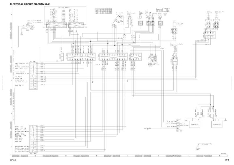 Op de afbeelding: Een gedetailleerd elektrisch schema (2/2) met talrijke componenten, connectoren en bedrading. Het schema is gelabeld met tekst en symbolen, die de verbindingen en functies van verschillende elektrische systemen illustreren. De afbeelding is in zwart-wit.