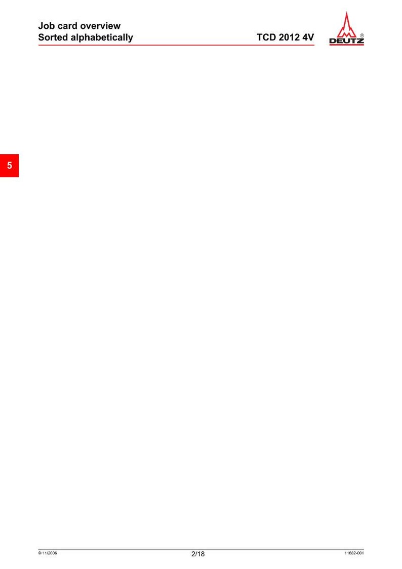 May include: A white document with the text "Job card overview Sorted alphabetically" and the logo "DEUTZ". The document also includes the text "TCD 2012 4V" and a red box with the number "5".