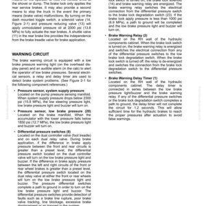 May include: Diagram from a manual detailing the "Brake Circuit," explaining brake lock and warning circuits. Includes pressure sensors, differential pressure switches, and a delay timer. Measurements are in MPa and cm.