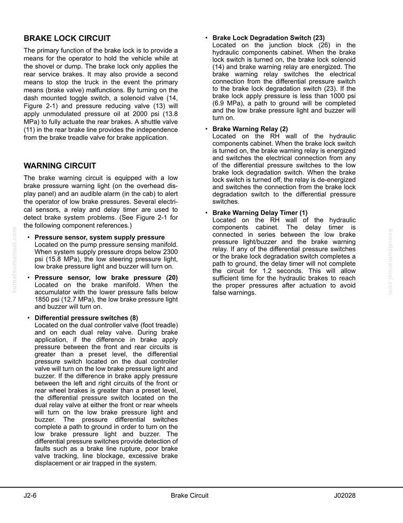 May include: Diagram from a manual detailing the "Brake Circuit," explaining brake lock and warning circuits. Includes pressure sensors, differential pressure switches, and a delay timer. Measurements are in MPa and cm.