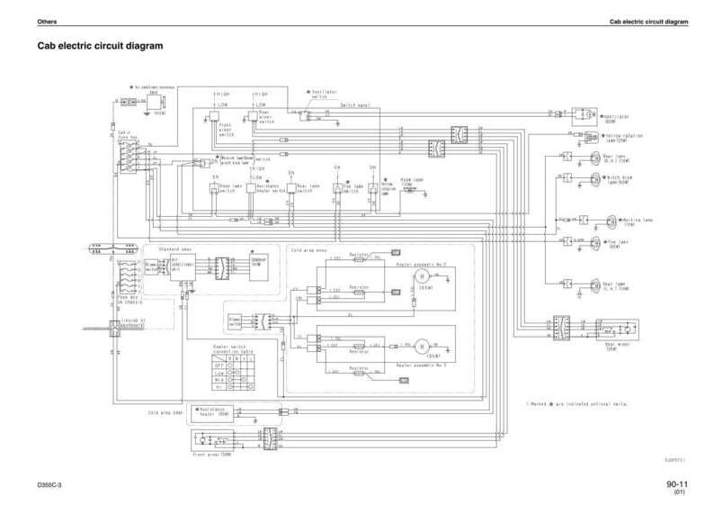 Pu&ograve; includere: Diagramma del circuito elettrico della cabina in bianco e nero, con numerose linee, simboli ed etichette di testo. Il diagramma include componenti come interruttori, rel&egrave; e vari collegamenti elettrici.