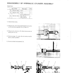 May include: Diagram of hydraulic cylinder disassembly with part numbers and names. Includes images of the assembly process, with labels and arrows pointing to specific components. Text includes instructions and special tools.