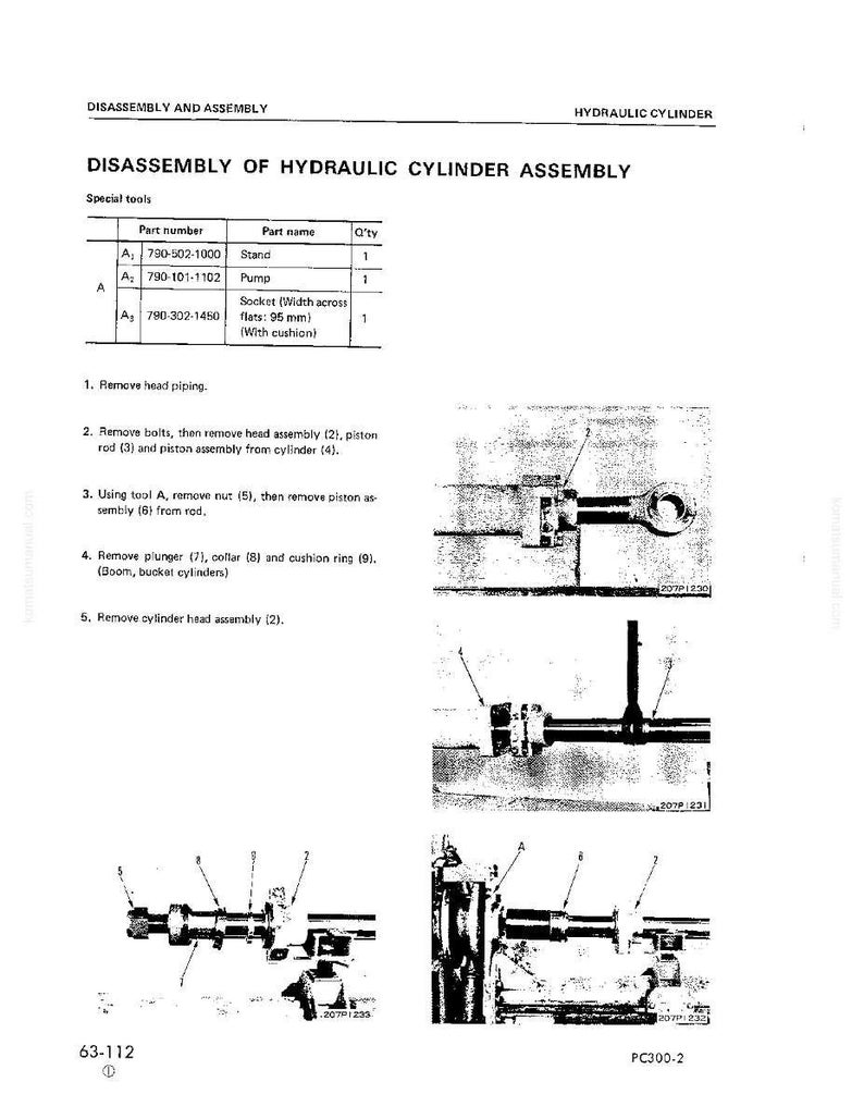 May include: Diagram of hydraulic cylinder disassembly with part numbers and names. Includes images of the assembly process, with labels and arrows pointing to specific components. Text includes instructions and special tools.