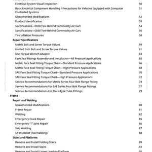 May include: A page from a manual with a table of contents. Topics include transmission oil, repair specifications, frame, stairs, and air systems. Page numbers are listed on the right.