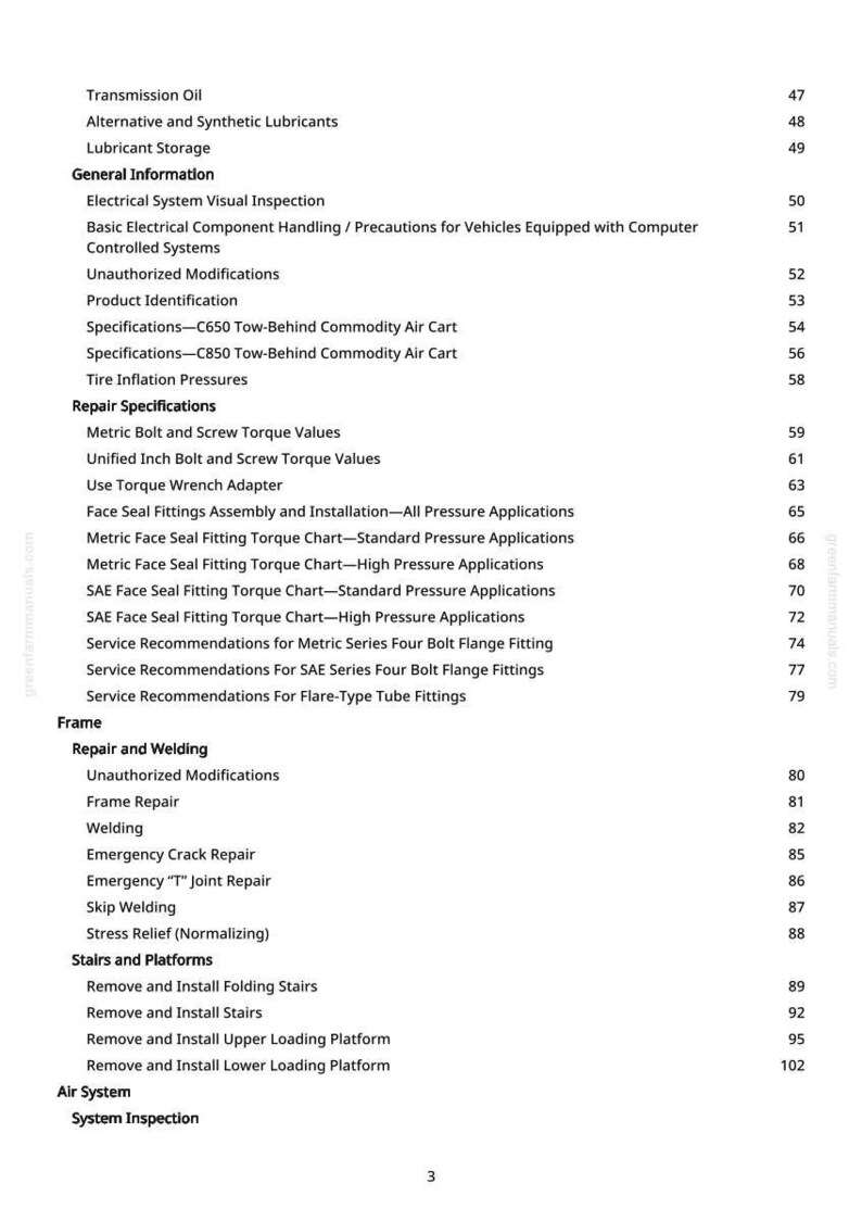 May include: A page from a manual with a table of contents. Topics include transmission oil, repair specifications, frame, stairs, and air systems. Page numbers are listed on the right.