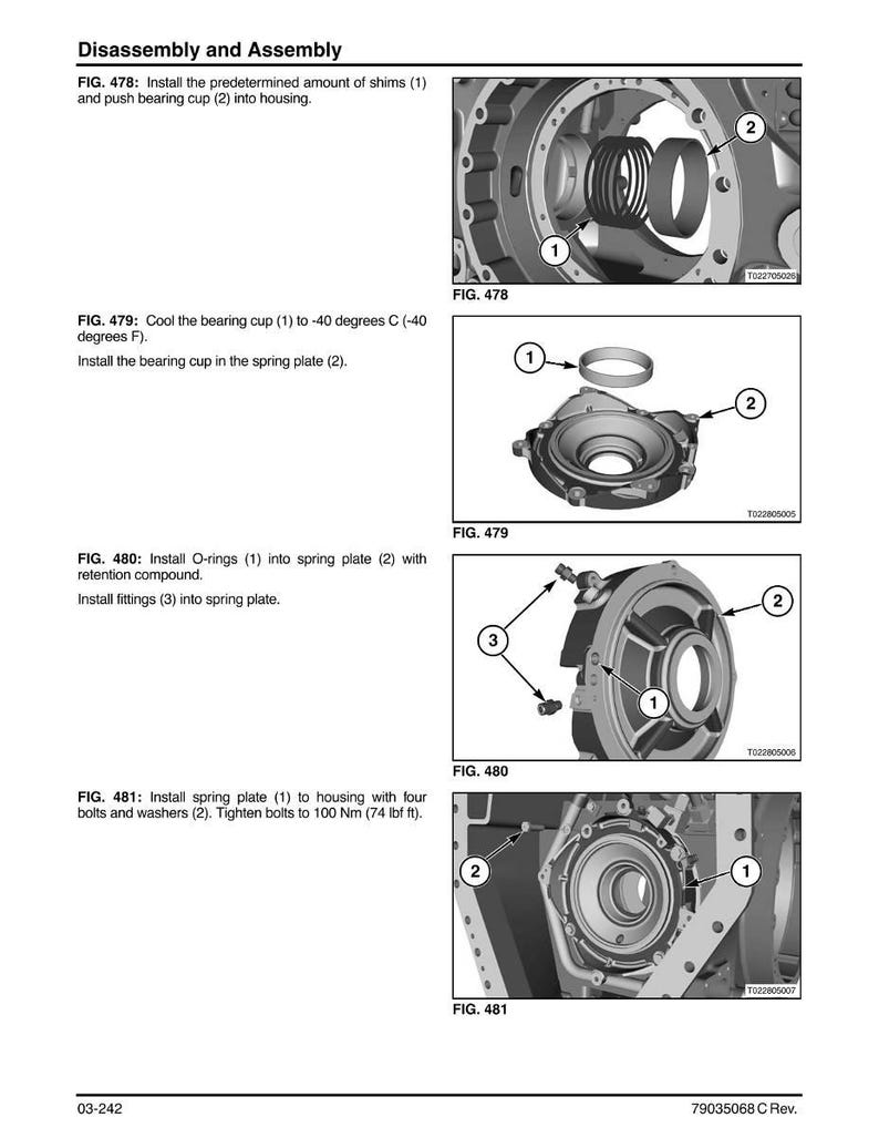 May include: Diagrams illustrating the disassembly and assembly of mechanical components. The images show steps including installing shims, bearing cups, O-rings, and spring plates. Text labels and arrows indicate part numbers and assembly instructions.