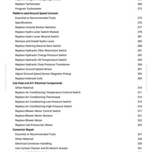 May include: A page from a manual with a list of automotive repair procedures, including gauges, controls, and electrical components. The text is black on a white background, with page numbers on the right.