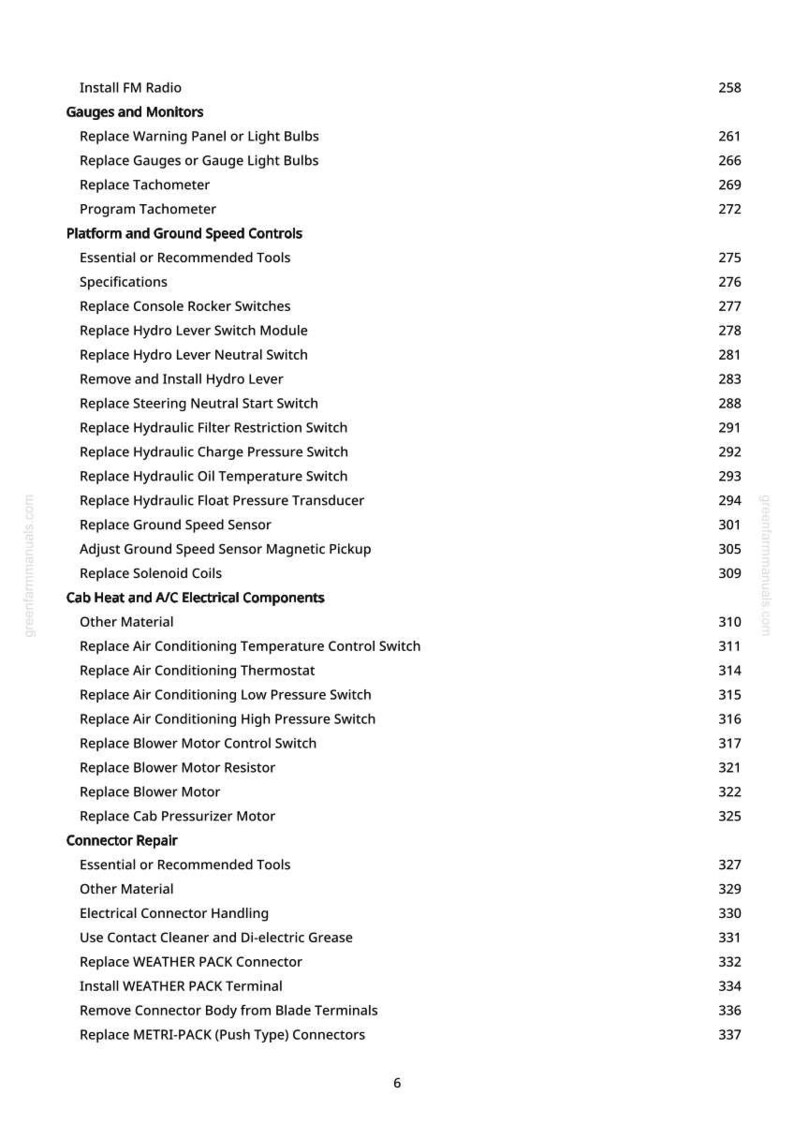 May include: A page from a manual with a list of automotive repair procedures, including gauges, controls, and electrical components. The text is black on a white background, with page numbers on the right.
