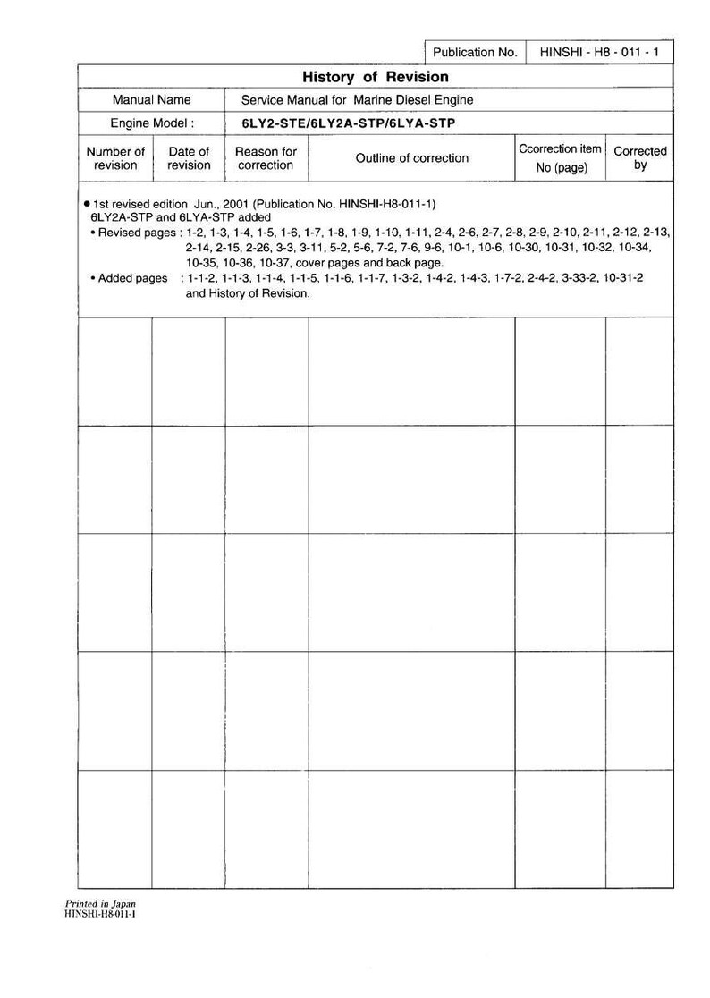 May include: A white document titled "History of Revision" with a grid of data. The document details revisions for a marine diesel engine service manual. Text includes engine model, revision dates, and page numbers.