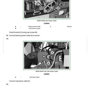 Puede incluir: Diagrama de componentes del motor con etiquetas para cables de alimentaci&oacute;n, soportes y tornillos. El texto incluye "RXA0135496-UN: Power Cable" y "RXA0135497-UN: Cab Power Cable". Se proporcionan instrucciones.