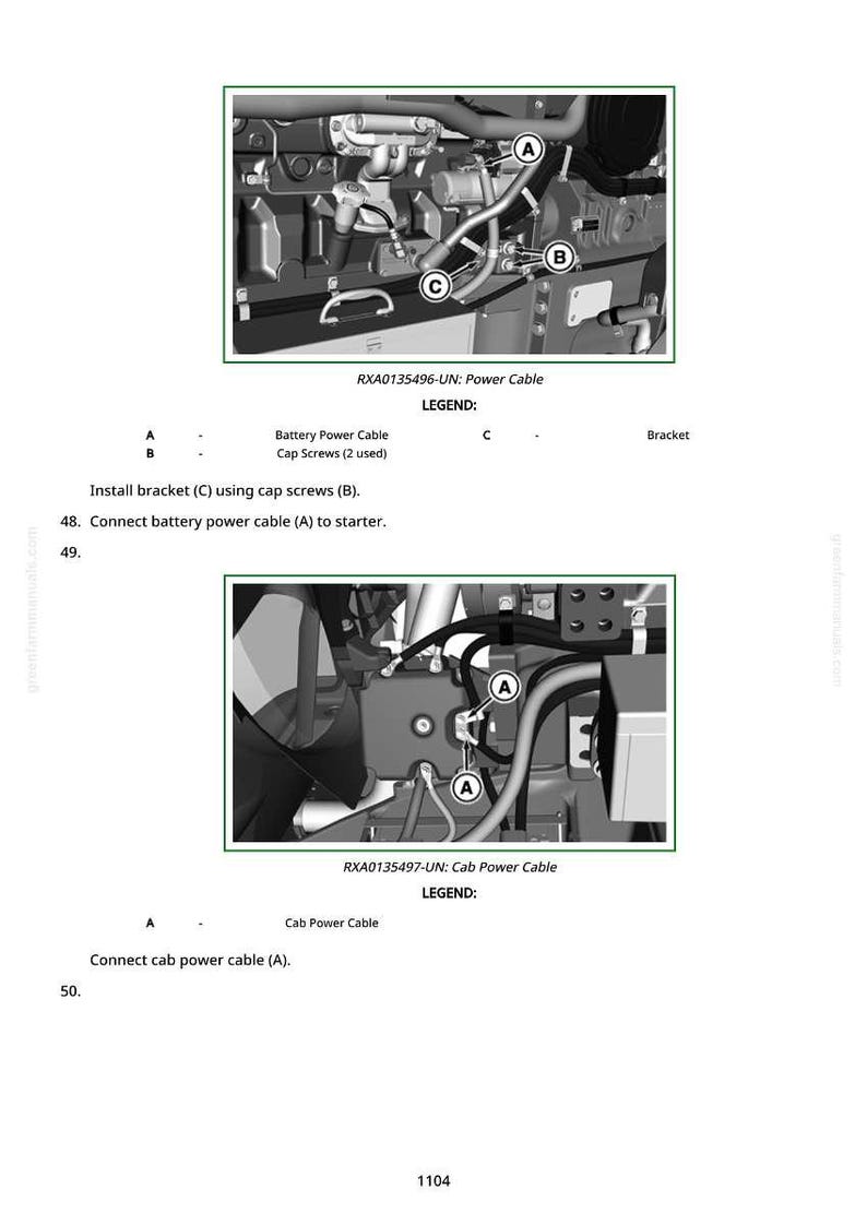 Puede incluir: Diagrama de componentes del motor con etiquetas para cables de alimentaci&oacute;n, soportes y tornillos. El texto incluye "RXA0135496-UN: Power Cable" y "RXA0135497-UN: Cab Power Cable". Se proporcionan instrucciones.