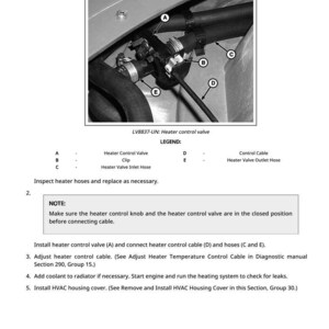 May include: Diagram of a car's heater control valve installation. The image shows the valve, hoses, and control cable, with labels A, B, C, D, and E. Text instructions are included, with a note about the closed position before connecting the cable.