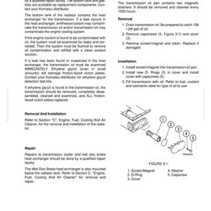 May include: Diagram of a transmission oil cooler with labelled components: screen/magnet, O-ring, cover, washer, and capscrew. Text provides removal, installation, and repair instructions.