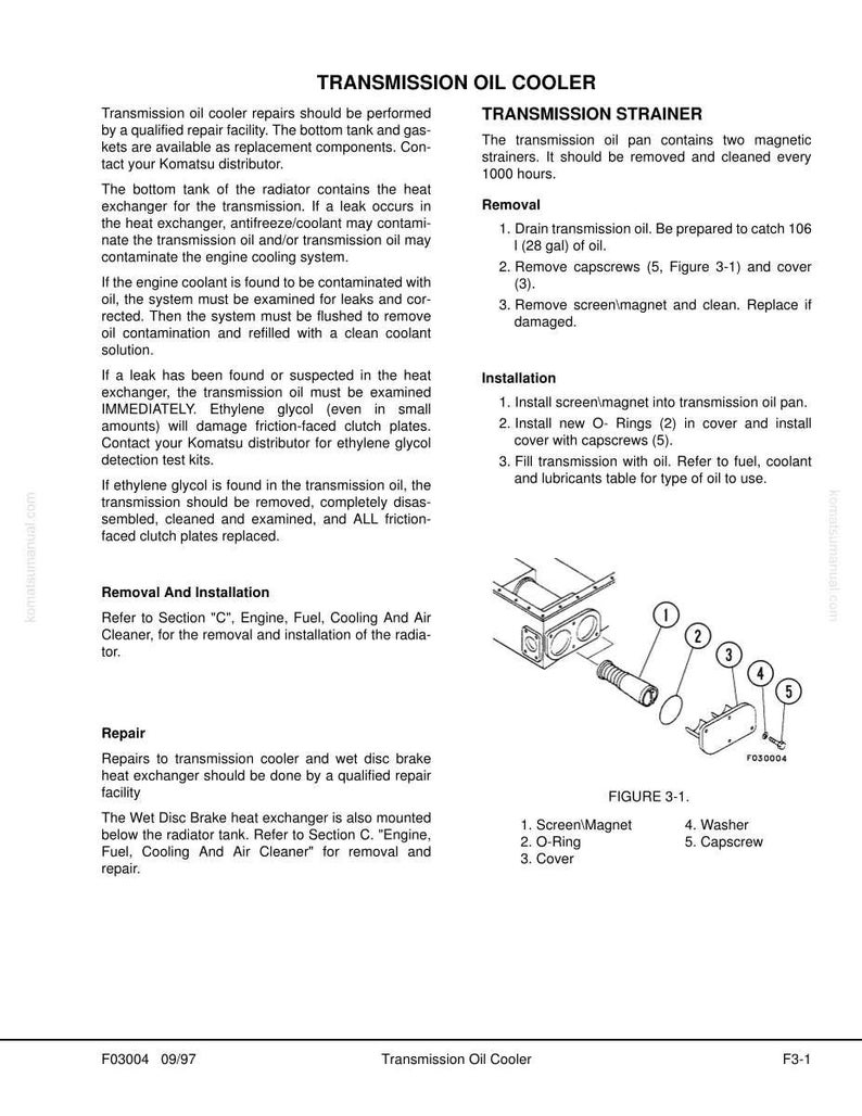 May include: Diagram of a transmission oil cooler with labelled components: screen/magnet, O-ring, cover, washer, and capscrew. Text provides removal, installation, and repair instructions.