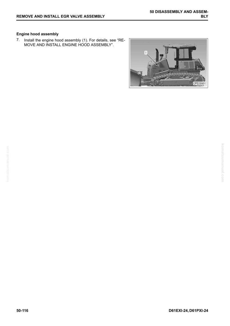 Puede incluir: P&aacute;gina de un manual titulada "REMOVE AND INSTALL EGR VALVE ASSEMBLY". Incluye instrucciones para el montaje de la cubierta del motor y un diagrama de una excavadora. El diagrama est&aacute; etiquetado con el n&uacute;mero 1 y el modelo CPD28601.