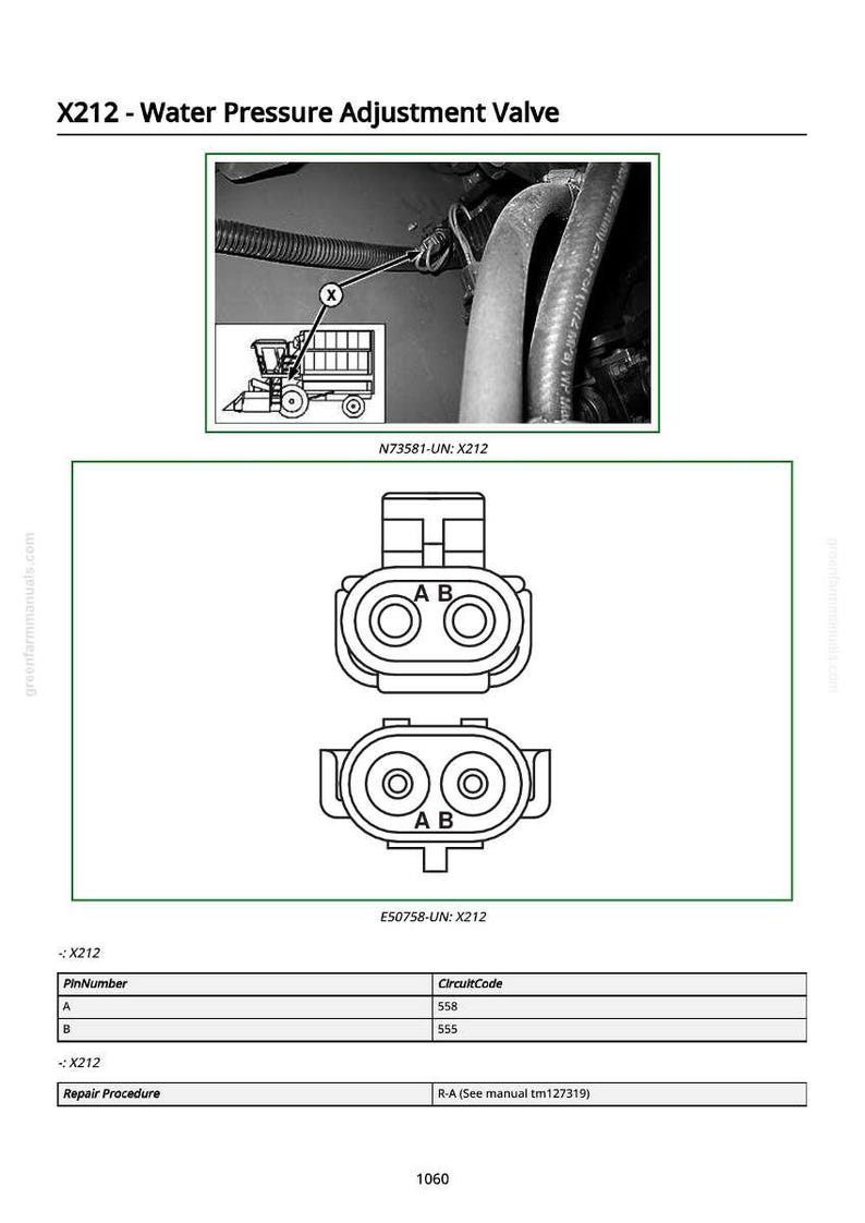 Op de afbeelding: Diagram van een waterdrukaanpassingsklep, aangeduid met X212. De afbeelding bevat een diagram van de elektrische connector van de klep, met de labels A en B. De tekst bevat het onderdeelnummer en de reparatieprocedure.