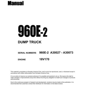 May include: A white shop manual cover with black text. The title "Shop Manual" is at the top, and the model number "960E-2" is prominently displayed. The text "DUMP TRUCK" is below the model number.