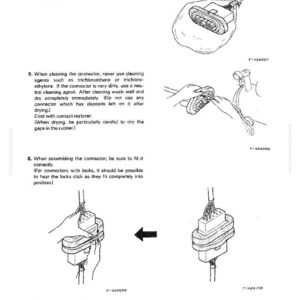 Op de afbeelding: Diagram met instructies voor het onderhoud van een autoconnector. Bevat illustraties van het afdekken van de connector met een plastic zak, het reinigen en het weer in elkaar zetten. Tekstinstructies zijn ook opgenomen.