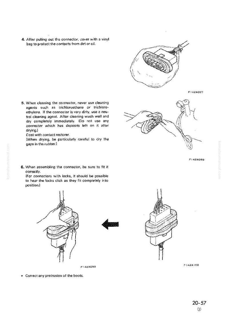 Op de afbeelding: Diagram met instructies voor het onderhoud van een autoconnector. Bevat illustraties van het afdekken van de connector met een plastic zak, het reinigen en het weer in elkaar zetten. Tekstinstructies zijn ook opgenomen.