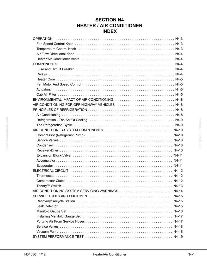 May include: A white page with the title "SECTION N4 HEATER / AIR CONDITIONER INDEX" at the top. The page lists various components and operations related to air conditioning systems, including knobs, vents, and service tools.