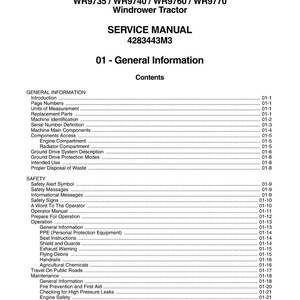 Pode incluir: Um manual de servi&ccedil;o para tratores Massey Ferguson WR9735, WR9740, WR9760 e WR9770. A capa exibe o logotipo da Massey Ferguson, o t&iacute;tulo do manual e o n&uacute;mero 4283443M3. A tabela de conte&uacute;do tamb&eacute;m &eacute; vis&iacute;vel.