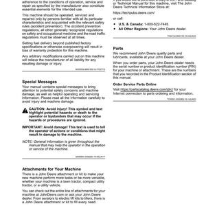 May include: A page from a John Deere manual titled "Introduction." The text includes safety warnings, service literature, and information on parts and attachments. The page has a white background with black text and a small graphic.