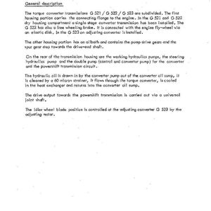May include: A technical manual page detailing the converter transmission system, models G521, G522, and G523. The text describes the components, including the housing, pumps, and oil flow, with technical specifications.