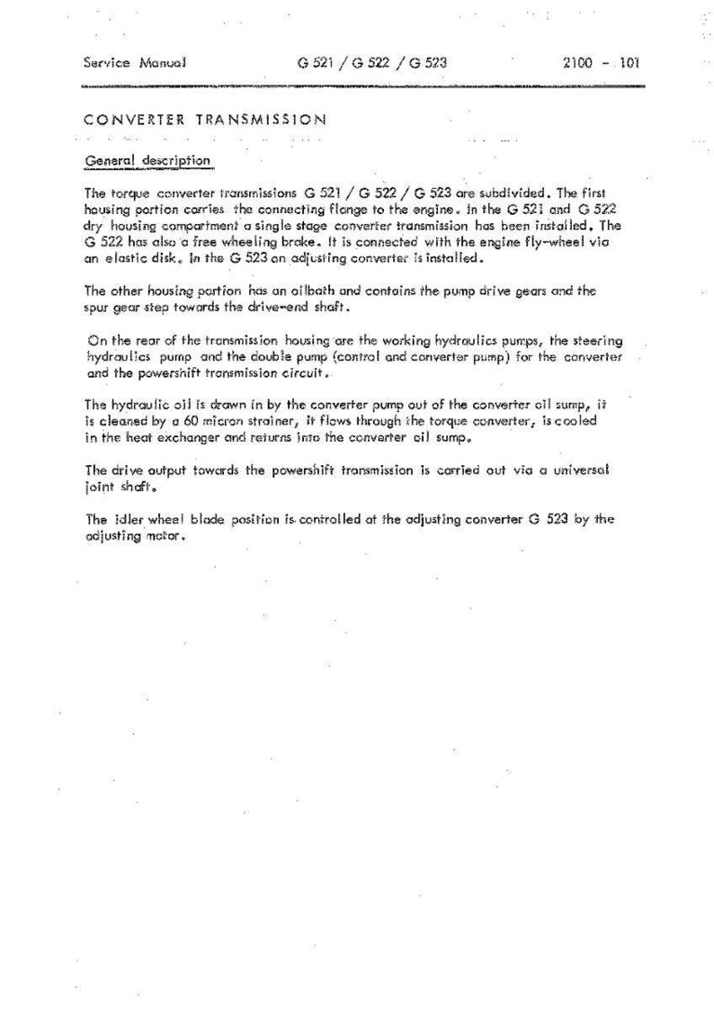 May include: A technical manual page detailing the converter transmission system, models G521, G522, and G523. The text describes the components, including the housing, pumps, and oil flow, with technical specifications.