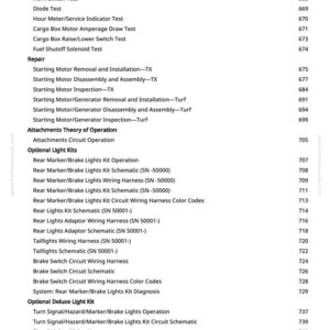 May include: A white page with a list of automotive repair and maintenance topics, including light switch tests, starting motor procedures, and wiring schematics. The page includes a table of contents with page numbers.
