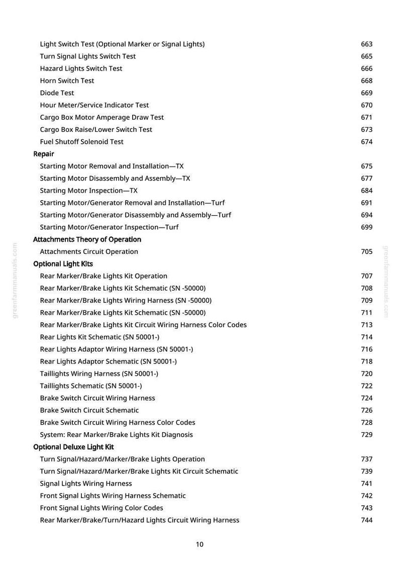 May include: A white page with a list of automotive repair and maintenance topics, including light switch tests, starting motor procedures, and wiring schematics. The page includes a table of contents with page numbers.