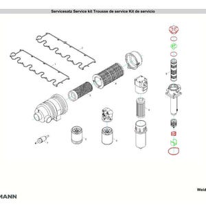 May include: An exploded diagram of a service kit, featuring various mechanical components. The image includes filters, seals, and other parts, with the text "Servicesatz Service kit Trousse de service Kit de servicio" at the top. The Weidemann logo is visible.