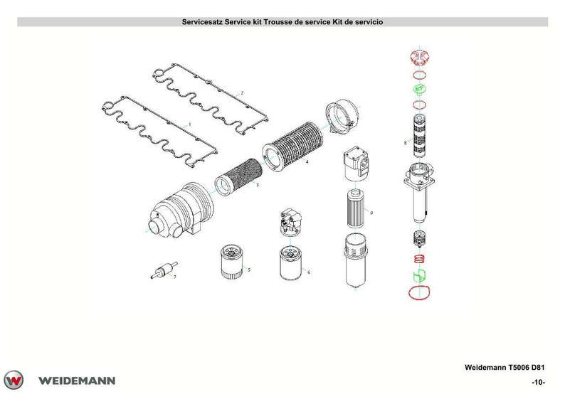 May include: An exploded diagram of a service kit, featuring various mechanical components. The image includes filters, seals, and other parts, with the text "Servicesatz Service kit Trousse de service Kit de servicio" at the top. The Weidemann logo is visible.