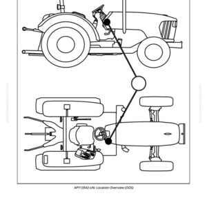 May include: Line drawing of a tractor, showing side and top views. The tractor has large rear wheels, a steering wheel, and a driver's seat. The text "APY13542-UN: Location Overview (OOS)" is at the bottom.