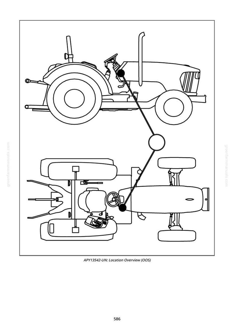 May include: Line drawing of a tractor, showing side and top views. The tractor has large rear wheels, a steering wheel, and a driver's seat. The text "APY13542-UN: Location Overview (OOS)" is at the bottom.