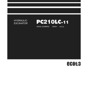 May include: A white shop manual cover with black text. The title "Shop Manual" is at the top. The manual is for a hydraulic excavator PC210LC-11. The Komatsu logo is at the bottom.