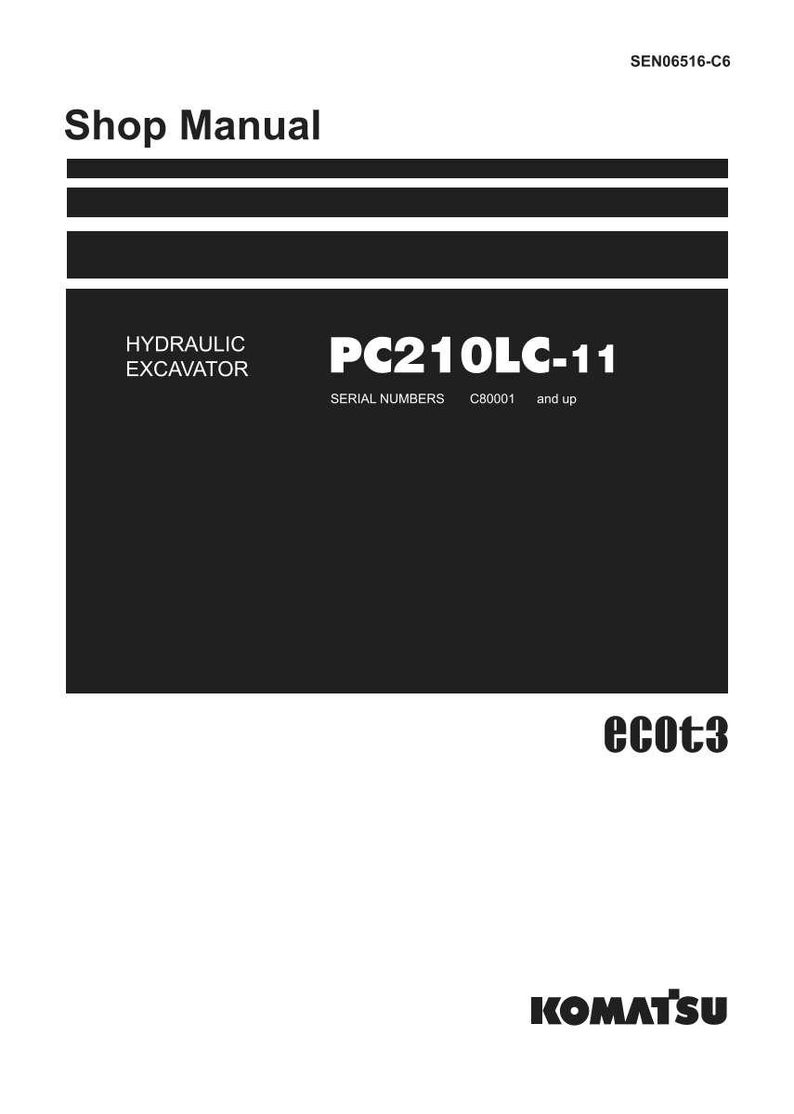 May include: A white shop manual cover with black text. The title "Shop Manual" is at the top. The manual is for a hydraulic excavator PC210LC-11. The Komatsu logo is at the bottom.