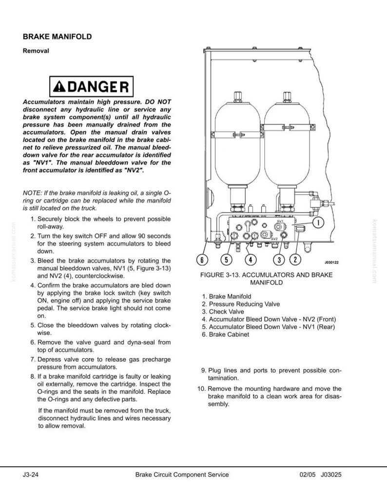 May include: Diagram of a brake manifold with accumulators, valves, and a brake cabinet. The image includes a warning about high pressure and instructions for maintenance, with measurements in inches.